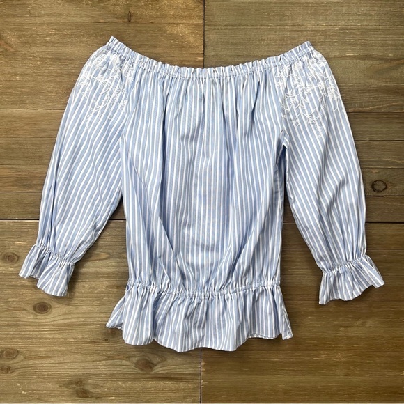 NWT WHBM Off-The-Shoulder Embroidered Stripe Cotton Top - Picture 6 of 11